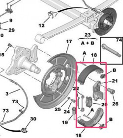 Колодки барабанные ручника, с пружинками Peugeot Boxer, Citroen Jumper, Fiat Ducato (арт. 01003)